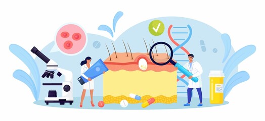 Obraz premium Dermatology. Skin Epidermis Scheme with Acne Inflammation, Varicella, Allergies or Cancer. Doctors with Medical Equipment Examining Red Spots, Pimples. Dermatologist Diagnosis Skin Disease. Vector
