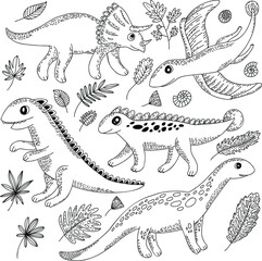 Obraz premium Hand drawn set with dinosaurs. Vector hand drawn outline illustration. Children coloring page