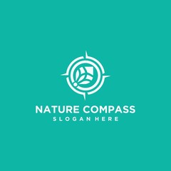 Nature compass logo design. compass icon symbol with natural leaf combination, compass with nature logo design vector template