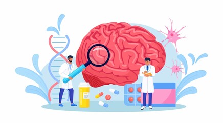 Scientist study human brain and psychology. Doctor neurologist character examine huge organ and diagnosis controlled pills treatment. Neurology disease diagnostics. Treating headache, migraine. Vector