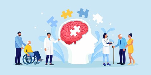 Doctor helping elder patients with Alzheimer disease. Senior care and assistance concept. Shattering human brain, memory loss and mental problems. Neurology therapy. Vector design