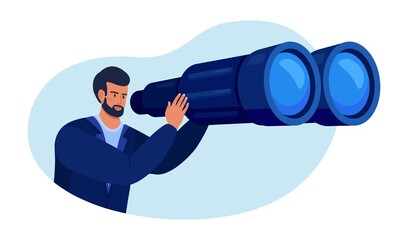 Man looking through big binoculars far ahead, looking for something. Person is watching someone closely. Boy is traveling with field glasses. Vector illustration