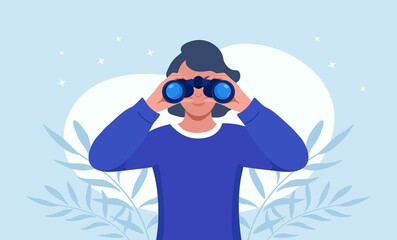 Happy woman holding huge binocular and looking far ahead. Girl is watching someone closely. Observation, discovery, future concept. Vector illustration