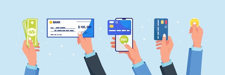 Different types of business payments. Businessman holds debit or credit card, banking cheque with signature, dollar money, coins. Phone with mobile banking app in hand. Online cashless payment or cash