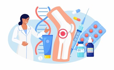 Arthritis of knee joint. Patient suffering from joints pain. Doctor treat rheumatism, osteoarthritis, rheumatoid arthritis. Medical examination. Vector design