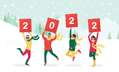 Happy jumping people hold signs or placard with numbers 2022. Group of friends wish Merry Christmas and happy New Year. Holiday greeting. Cheerful people celebrating xmas