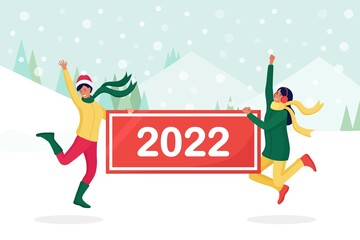 Happy jumping people hold signs or placard with numbers 2022. Group of friends wish Merry Christmas and happy New Year. Holiday greeting. Cheerful people celebrating xmas