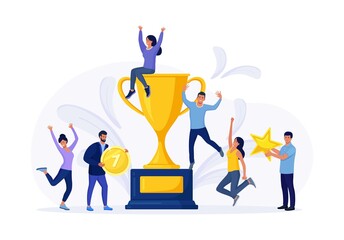 Tiny businessmen celebrate victory around big golden trophy. Group of people winning champion cup. Celebration of goal achievement, successful teamwork. Best team ever.  Vector illustration