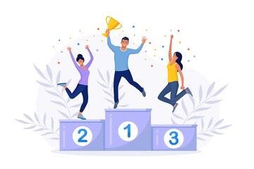 Happy Businessmen standing on the winning podium with award. Man get reward with golden trophy cup. Teamwork, successful career, goal achievement. Vector illustration