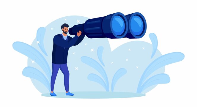 Man looking through big binoculars far ahead, looking for something. Person is watching someone closely. Boy is traveling with field glasses. Vector illustration