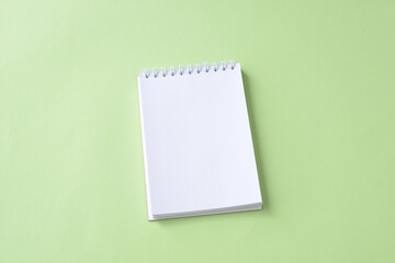 Open spiral notepad on a green background. Flat lay with copy space