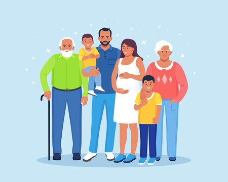 Happy Big Family Standing Together. Grandma, Grandfather, Mom, Dad, Children. Smiling Relatives Gathering In Group. Multigenerational Relationship. Vector Illustration