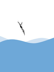 Young man, swimmer jumping, diving into the ocean, sea. White and blue. Contemporary artwork