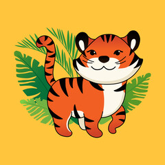 Cute cartoon striped red tiger. Printing for children's T-shirts, greeting cards, posters.  Tiger on a yellow background.