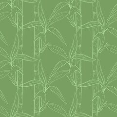 Bamboo stems with leaves seamless pattern. The background is hand engraved, sketch. Botanical template for wallpaper, packaging, fabric and design, vector illustration.