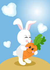 Happy little rabbit holding carrot on blue background
