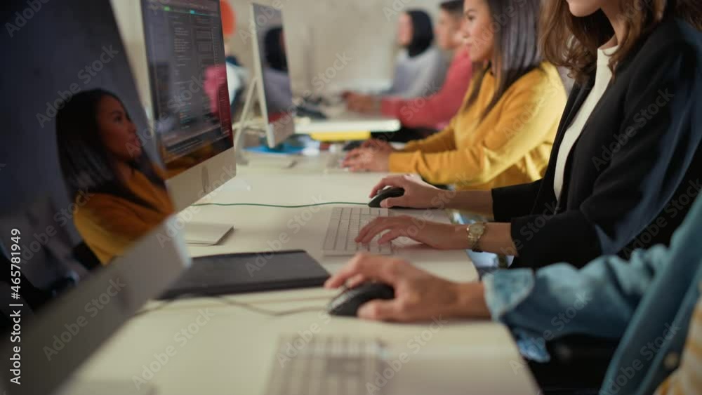 Sticker diverse multiethnic group of female and male students sitting in college room, learning computer sci