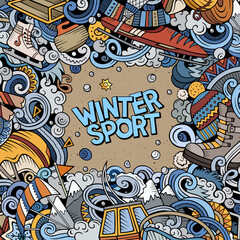 Winter sports hand drawn vector doodles illustration. Ski resort card design.