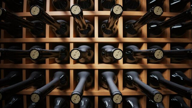 Looping animation of wine bottles ordered on wooden shelves in dark wine-cellar.