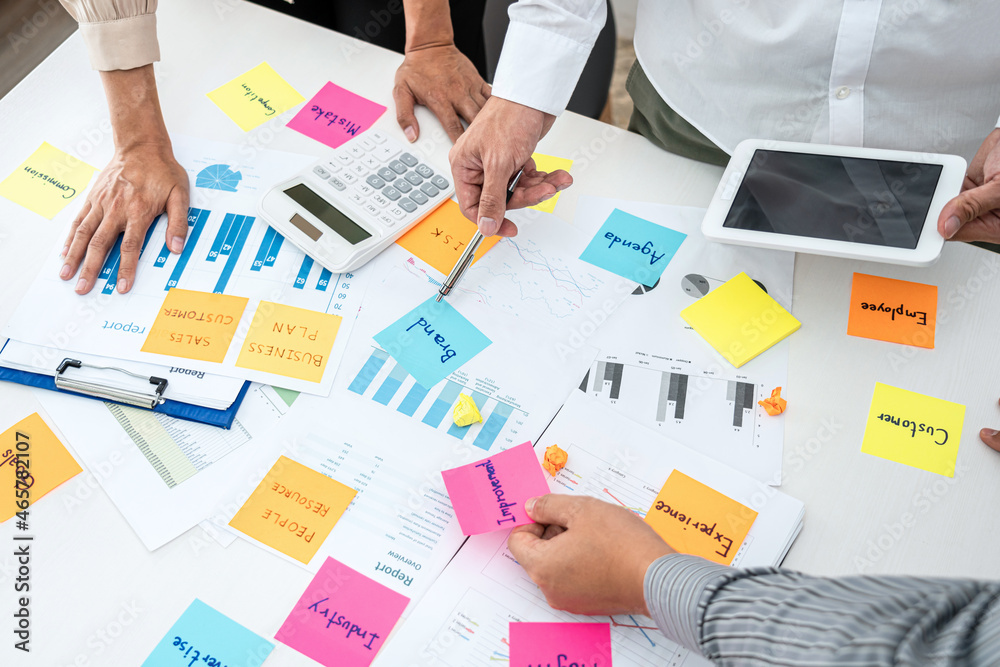 Poster business people team, businessman holding tablet to looking for checking data and pointing post it n