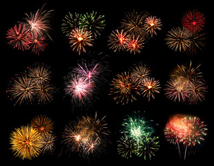 Beautiful bright fireworks on black background, collage