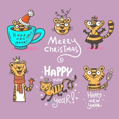 New Year set with tigers. Chinese calendar symbol colllection. Vector holiday poster. Funny animals group.