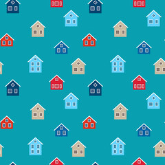 Colored houses on a turquoise background. Seamless pattern for print. Vector, illustration