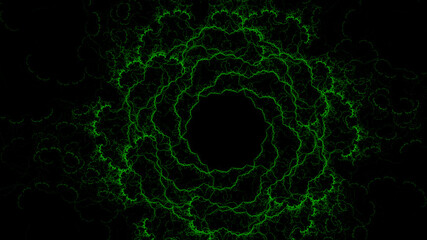 Surreal fractal image of green gyres and lines of convolutions on black 4k