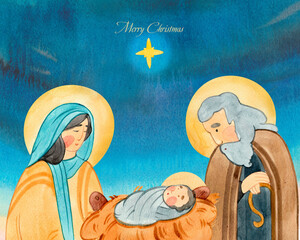 Hand drawn watercolor illustration Christian Nativity scene. Virgin Mary, Jesus Christ, Joseph, star. For Merry Christmas greeting cards, Christian publications, prints