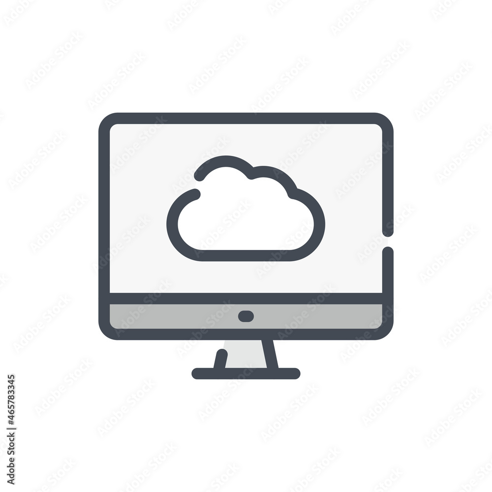 Poster computer with cloud service color line icon. online connection to cloud network vector outline color
