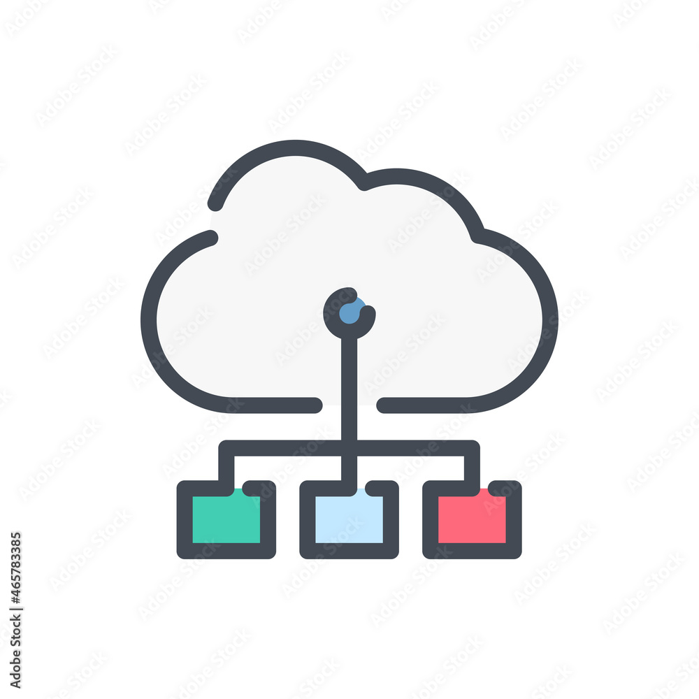 Poster cloud service with task request color line icon. online storage structure vector outline colorful si