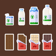 Chocolate and Dairy Products Stickers Set. Flat Style. Collection of Candy Bars and Milk in different package icons for logo, label, print, recipe, menu, decor and decoration
