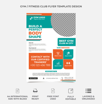gym club flyer template design with an image placement, professional color used in the template. fully editable, eye-catchy design. vector eps 10 a4 size template, fitness flyer template.