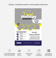 travel agency flyer template for travel and tourism industry, blue gradient with yellow color, five image can use in this template, travel agency flyer template, tourism industry flyer design, minimal
