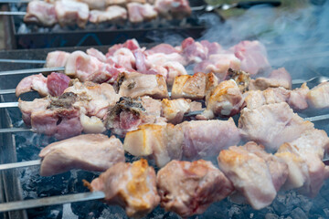 Georgian mtsvadi (Shashlik) preparation. Smoking shashlik on the grill
