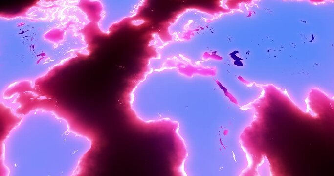 World map with edge animation as plasma or energy. Map oft rhe world with energy field around corner. Concept for global warming issue and climate change warning. World map outline with energy