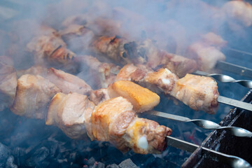 Georgian mtsvadi (Shashlik) preparation. Smoking shashlik on the grill
