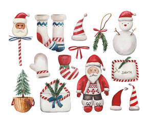 Large watercolor set on the theme of Christmas and New Year's holidays. Contains all the necessary elements for a beautiful composition. Santa Claus, a letter with a list of gifts, mantel socks etc. 