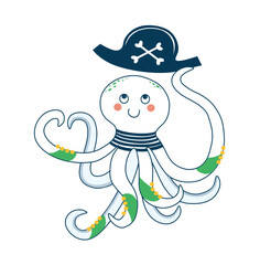 Illustration cute octopus pirate smiling and waving hand child illustration poster t-shirt print