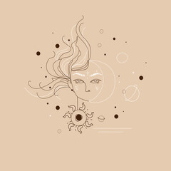 Abstract portrait of a woman with Scandinavian runes on her face, with a month of the sun and planets in Boho style. Esoteric symbols are drawn in a linear style, Vector graphics