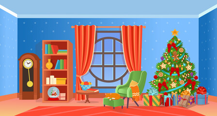 Christmas interior with fireplace, Christmas tree, window, armchairs, bookshelf, desk. Сartoon vector illustration.
