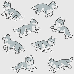 Seamless trendy pattern with style cartoon husky. Cartoon print with dog.
