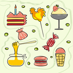  Set of multicolored sweets. Sweets, cakes, honey and ice cream.