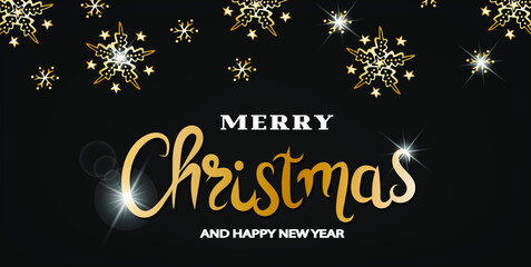Christmas banner with gold text and snowflakes. Happy new year greeting. Vector illustrations.