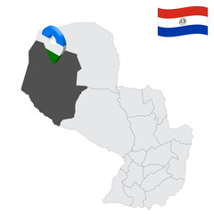 Location Boqueron Department on map Paraguay. 3d location sign similar to the flag of Boqueron. Quality map  with  provinces Republic of Paraguay for your design. EPS10
