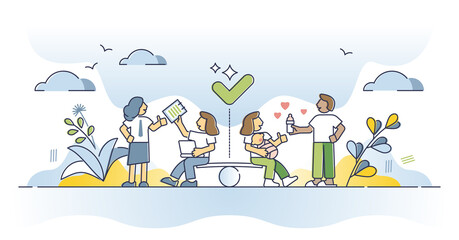 Work life balance as choice between career and family side outline concept. Business and children decision as time management and priority planning vector illustration. House vs company lifestyle.