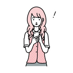 立ってスマートフォンを操作して何かに気づいて驚いた事務員制服の女性