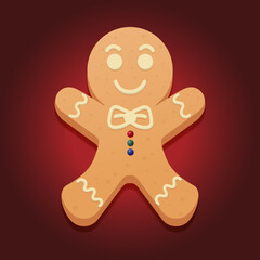 Gingerbread man with a bow and buttons on a dark background. Christmas symbol.