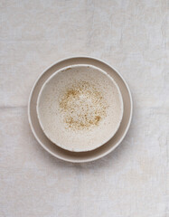 empty grey plates and linen napkin. Cooking background. Rustic style. Selective focus. Top view, copy space