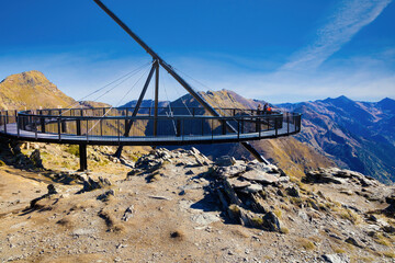 View of the solar viewpoint of Triataina with a structure that allows you to see the landscape at 360º. Arcalis, Ordino, Andorra - obrazy, fototapety, plakaty